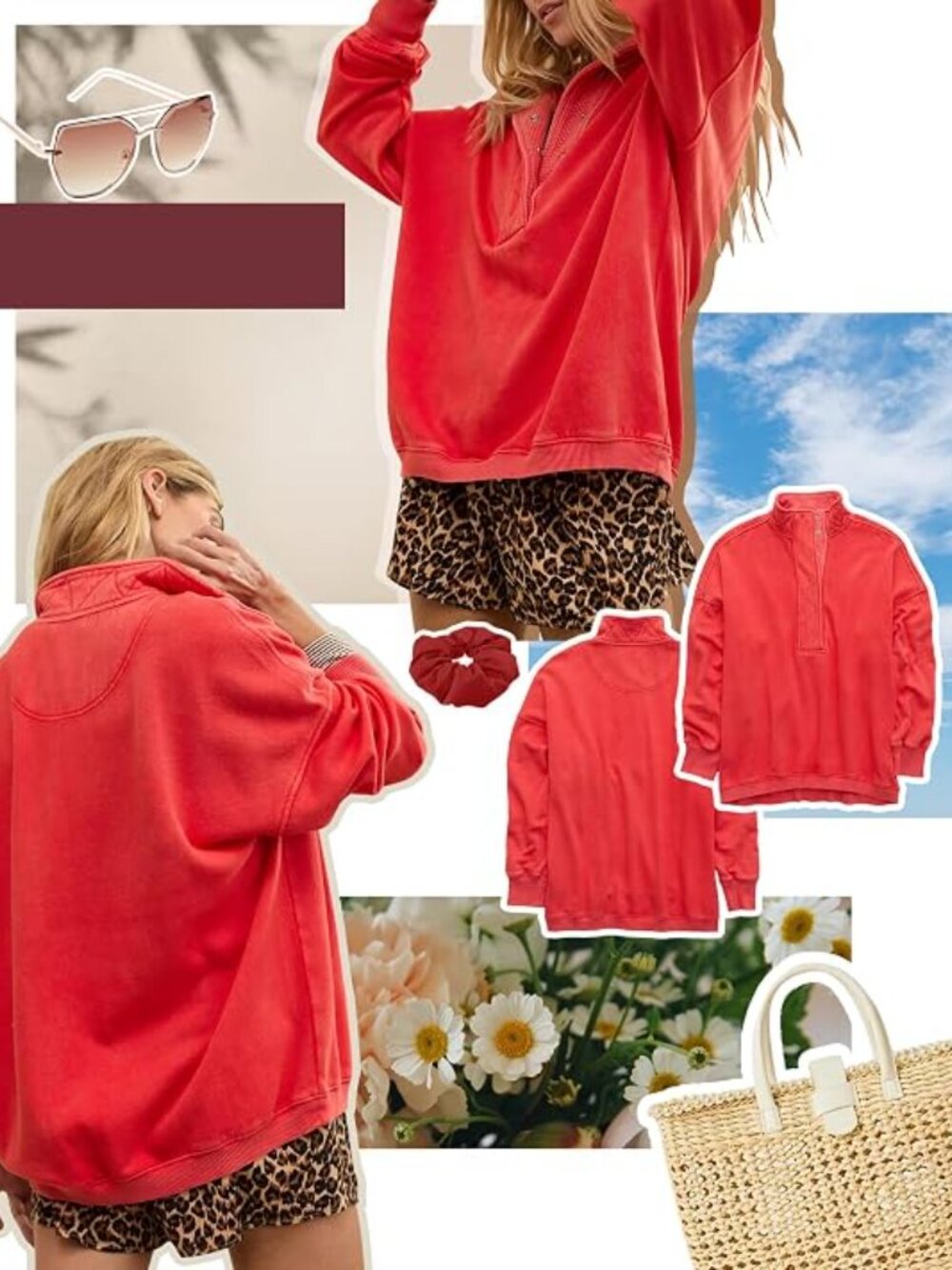 Women's Red Cotton Oversized Henley Sweatshirt Button Neck Casual Pullover Tops - Picture 5 of 6